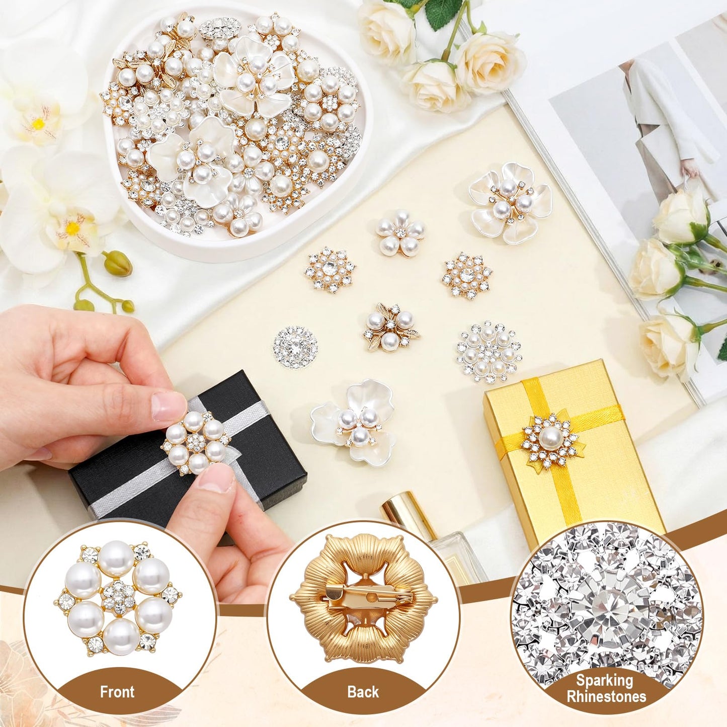 Sureio 45 Pcs White Pearl Rhinestone Brooch Pin Set Crystal Flower Brooches Faux Pearl Embellishments Women Jewelry Wedding Jewelry Making Crafts Bags Shoes Accessory Gift