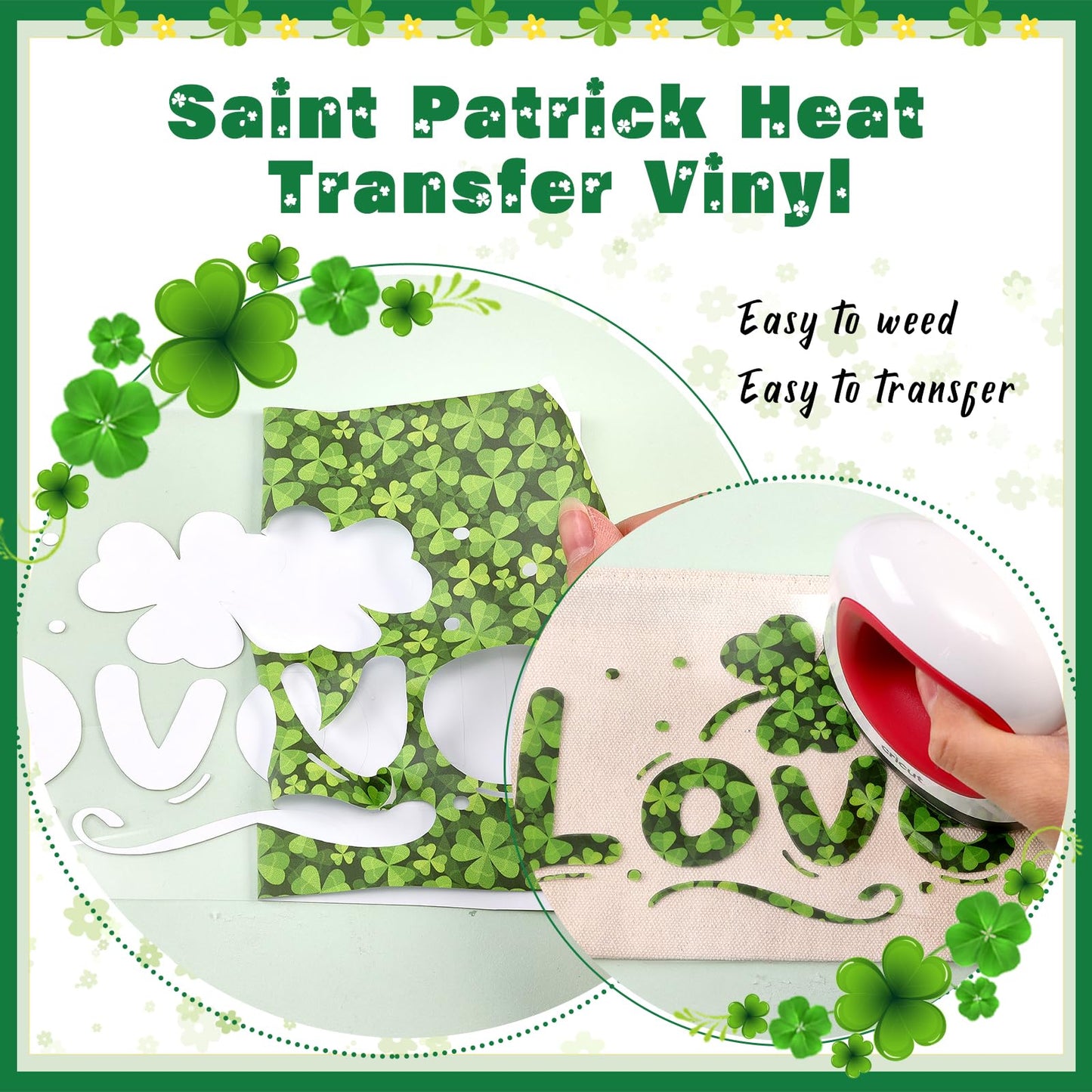 HTVSTD Classic Four Leaf Clover Heat Transfer Vinyl - 14 Sheets 12'' x 10'' Lucky Clover HTV for DIY Crafts, St. Patrick's Day, Irish Pride