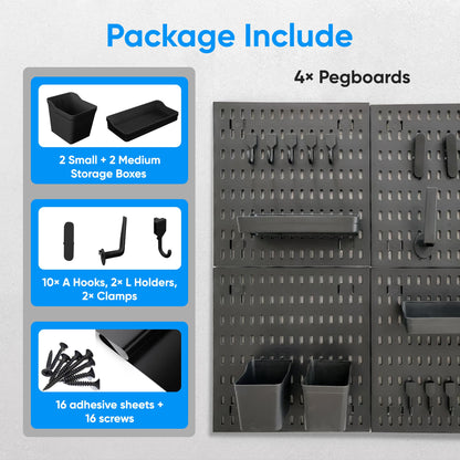 ANTHOSPACE Black Pegboard Organizer Set with Hooks & Storage Boxes, Desk or Wall Peg Board Panels for Tools, Crafts, and Office Supplies – 4 Boards (30×30 cm Each)