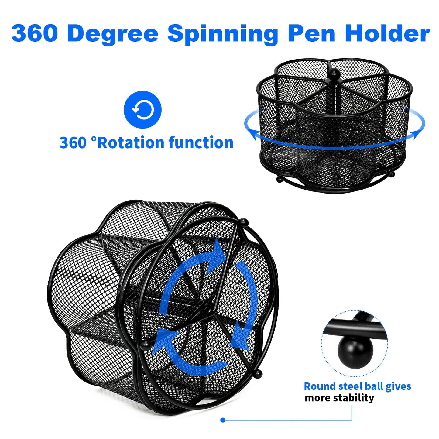 PNEUICALLY 360 Degree Rotate Pen Holder for Desk Mesh Desk Pen Organizer Pencil Holder Large Capacity Accessories & Workspace Organizers for School,Home (Black, No hook)