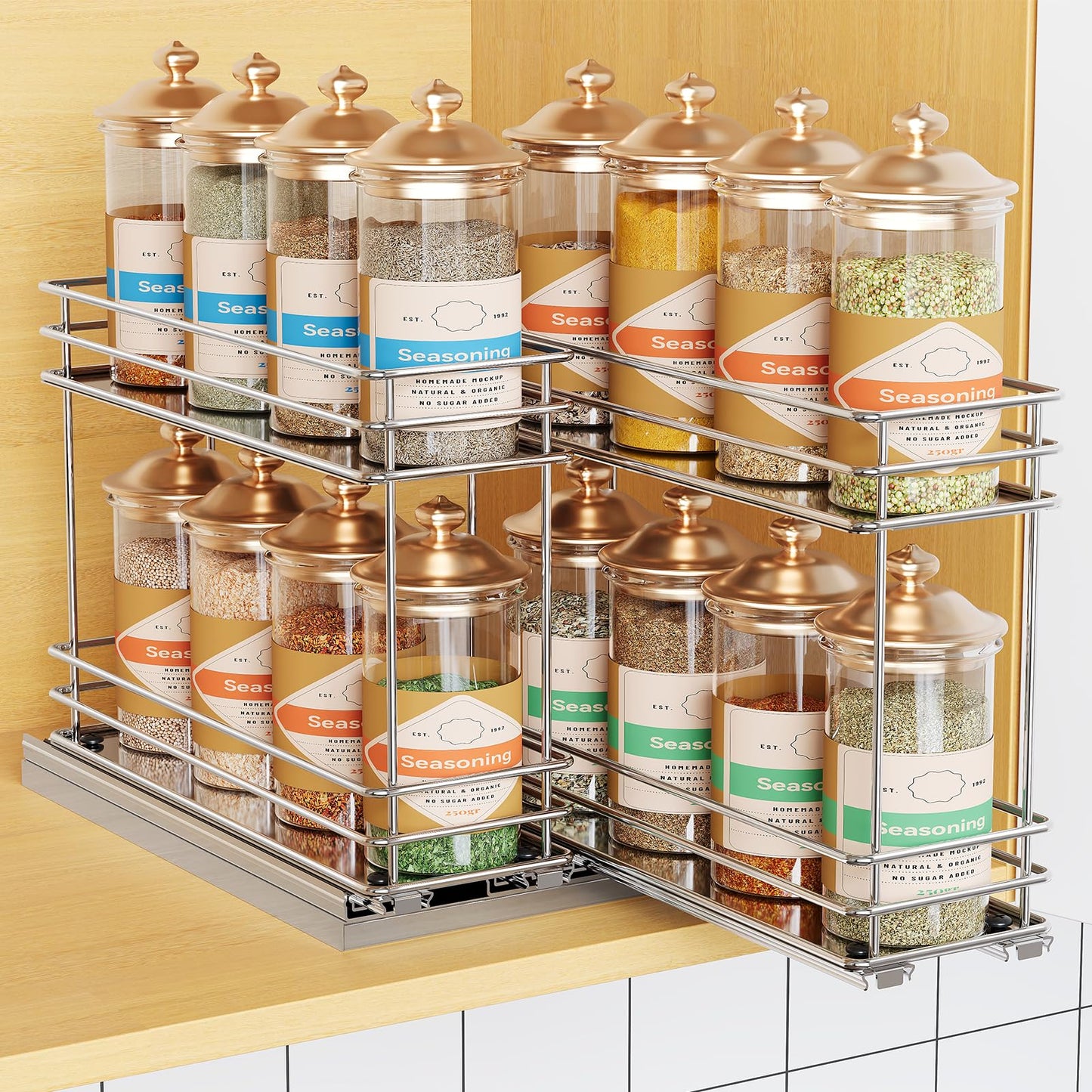 Pull Out Spice Rack Organizer for Cabinet, Slide Out Spice Racks, Easy to Install, 2.1''Wx10.35''Dx8.26''H, 3 Drawers 2 Tiers(Black)