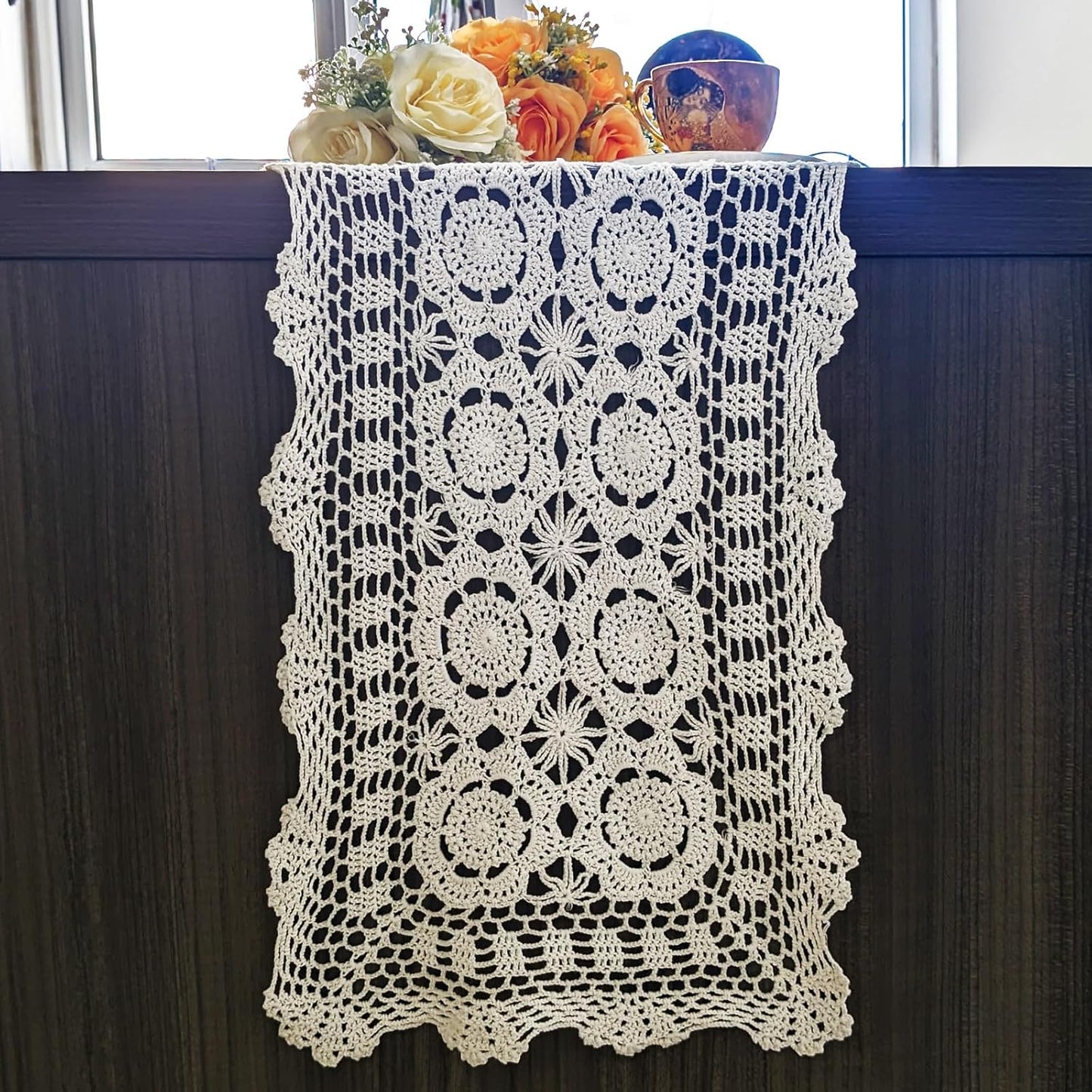 15.7"x47" USTIDE Handmade Crochet Table Runner White Rectangular Cotton Lace Table Runners Table Doily for Dresser