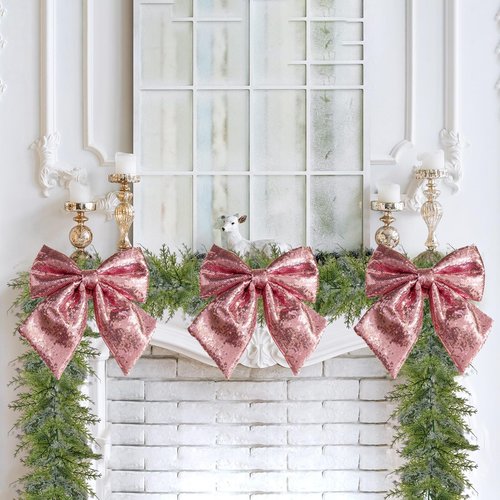 Large Sequin Bow Tree Topper, 12''x10'' Pink Glitter Bow Christmas Ornaments, Decorative Bow for Christmas Tree Wreath Garland Fireplace Holiday Valentine's Day DIY Crafts (Pink)