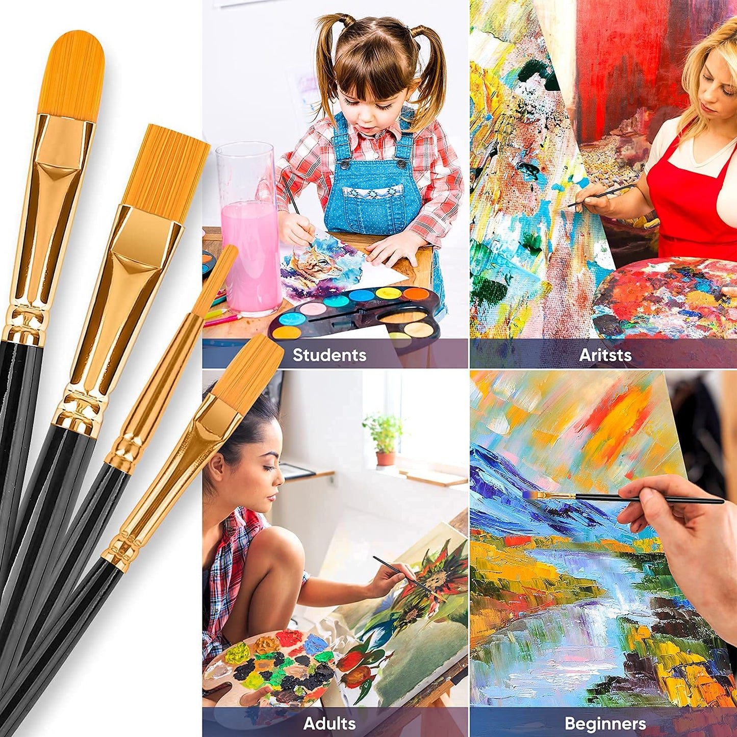Paint Brushes Set, 20 Pcs Paint Brushes for Acrylic Painting, Oil Watercolor Acrylic Paint Brush, Artist Paintbrushes for Face Rock Canvas, Kids Adult Drawing Arts Crafts Supplies, Pure Black
