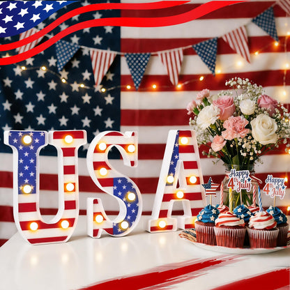 InnovaTools 3 Pcs Light Up Letters, 4th of July Patriotic USA LED Marquee Letter Lights, American Flag Red White Blue Decor for 250th Anniversary Independence Day Table Centerpiece Home Decorations