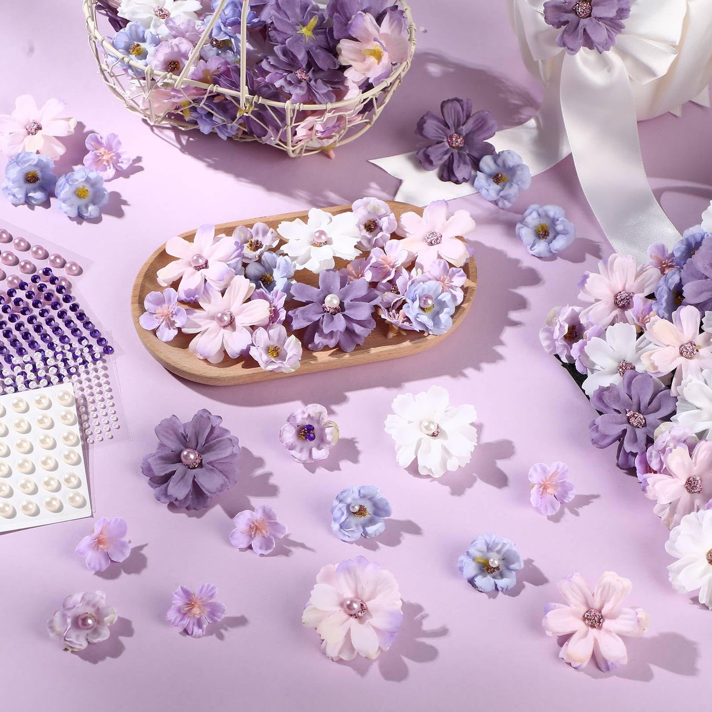 Giegxin DIY Graduation Cap Decorations Kit - 160 Mini Faux Flower Heads & 6 Pearl Rhinestone Stickers, Artificial Fabric Flowers for DIY Grad Hat Topper, Wedding Garland & Crafts(Purple Series)