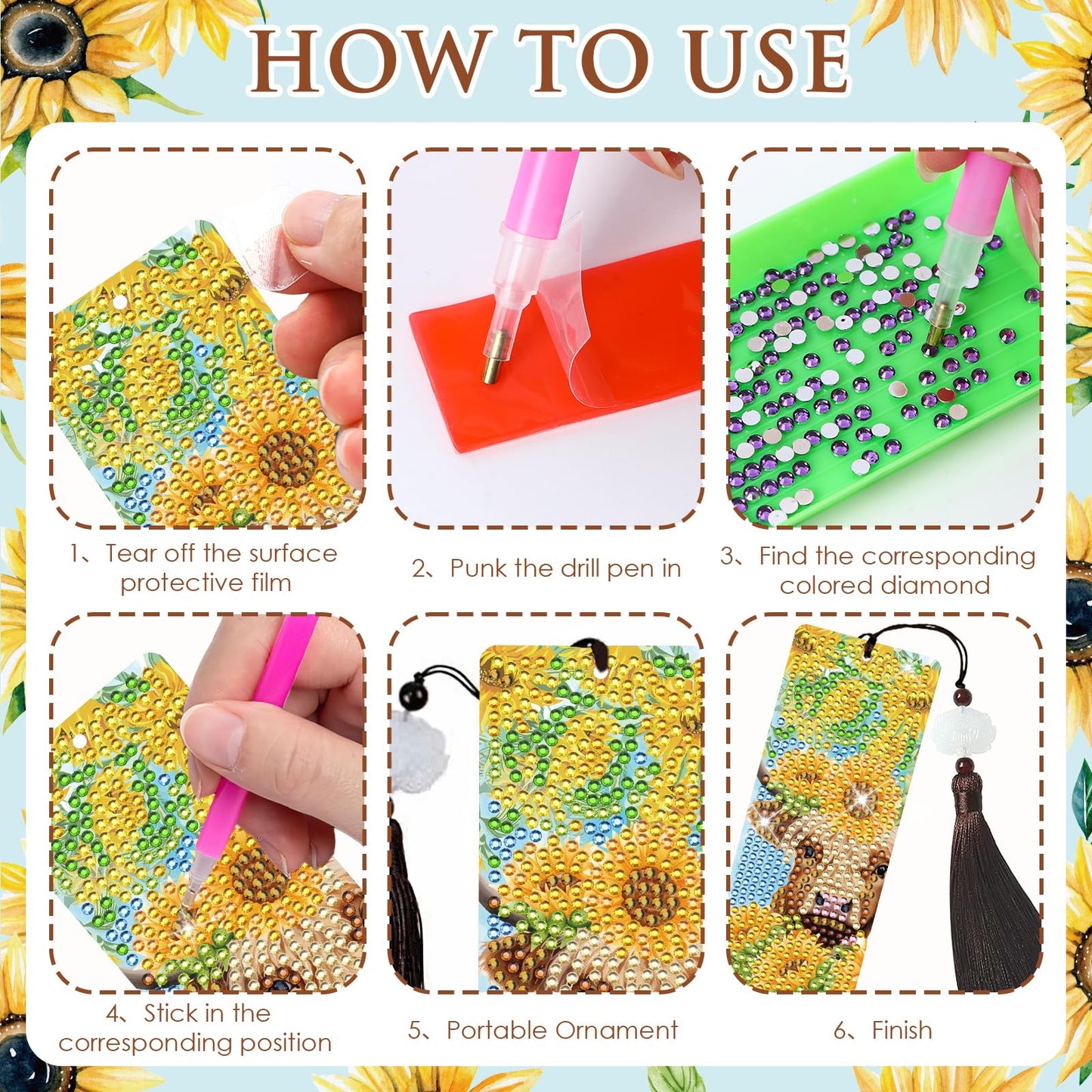 INCOK Diamond Painting Bookmarks Set - 8PCS Highland Cow 5D Diamond Art Bookmarks Kit with Tassel Sunflower Bookmarks Set for Highland Cow Lover Office Useful Project DIY Crafts Gifts Teacher