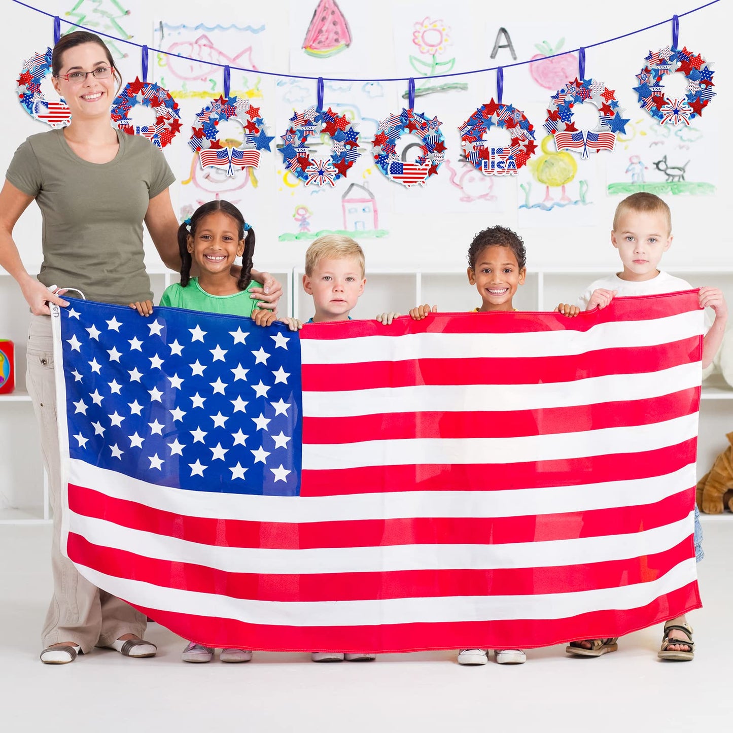 Whaline Patriotic Foam Wreath Crafts Kit American Flag Star Stickers, Glitter Star Stickers, Pompom Ball Eyes, Blue Ribbon 4th of July DIY Foam Wreath Signs for Independence Day Art Projects, 12Pcs