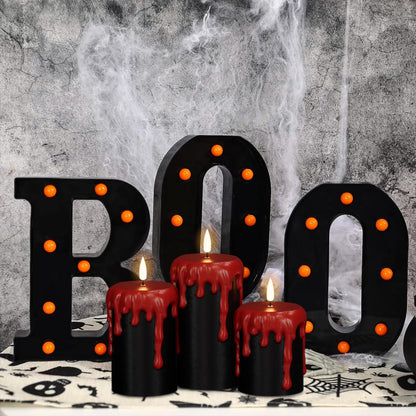 Eldnacele Black Flameless Pillar Candles Battery Operated with 6H Timer, Red Real Wax Dripping Effect 3D Wick Flickering LED Candle Lights Dinner Halloween Decoration(3 Pack, 3 x 4,5,6 Inches)
