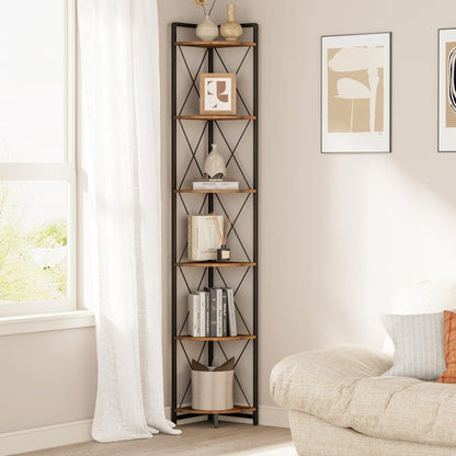 Cerlyunzan 6 Tier Corner Shelf Stand, 78" H Tall Industrial Corner Bookshelf for Living Room Decor, Metal Corner Shelf, Plant Stand Display Shelf for Bedroom, Bathroom, Small Space, Rustic Brown