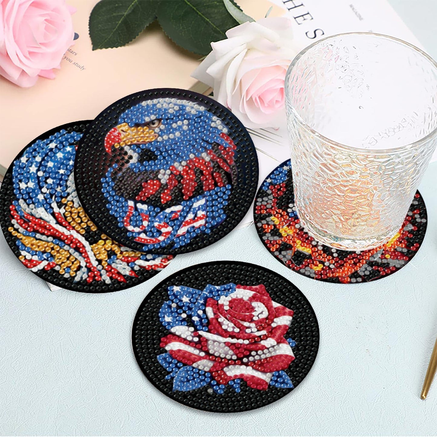 8 Pcs Ameriacn Flag Eagle Diamond Art Coasters Kits for Adults,DIY 4th of July Crystal Diamond Painting Coaster Kits with Holder, Independence Day Coasters Craft Supplies for Decor Gifts