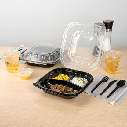 Thermo Tek 40 Ounce Clamshell Containers, 100 Disposable Take Out Boxes - 3 Compartments, Ventilated Lids, Black Plastic Meal Prep Containers, Microwavable, For Pasta Or Salads - Restaurantware