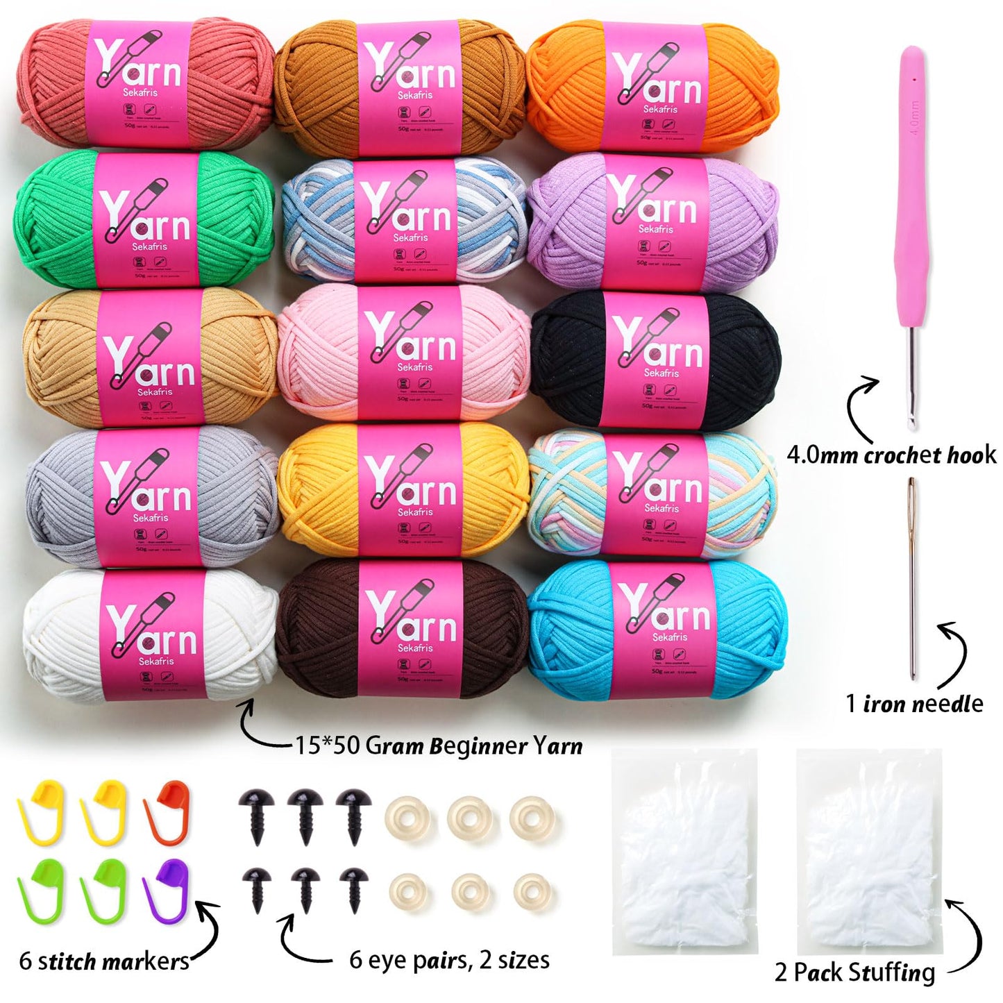 Sekafris 15 Pack Crochet Yarn Beginner - Black, White, Orange, Red, Green, Pink, Yellow Cotton Chunky Yarn - Easy-to-See Stitches for Crocheting (15 * 50g)