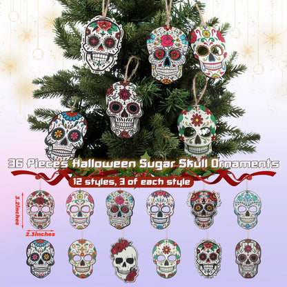 Vercraft 36 Pcs Sugar Skulls Ornaments for Christmas Tree Hanging Decoration Novelty Wood Double-Sided Printing Mexican Christmas Tree Skeleton Head Decor for Holiday Party Favor