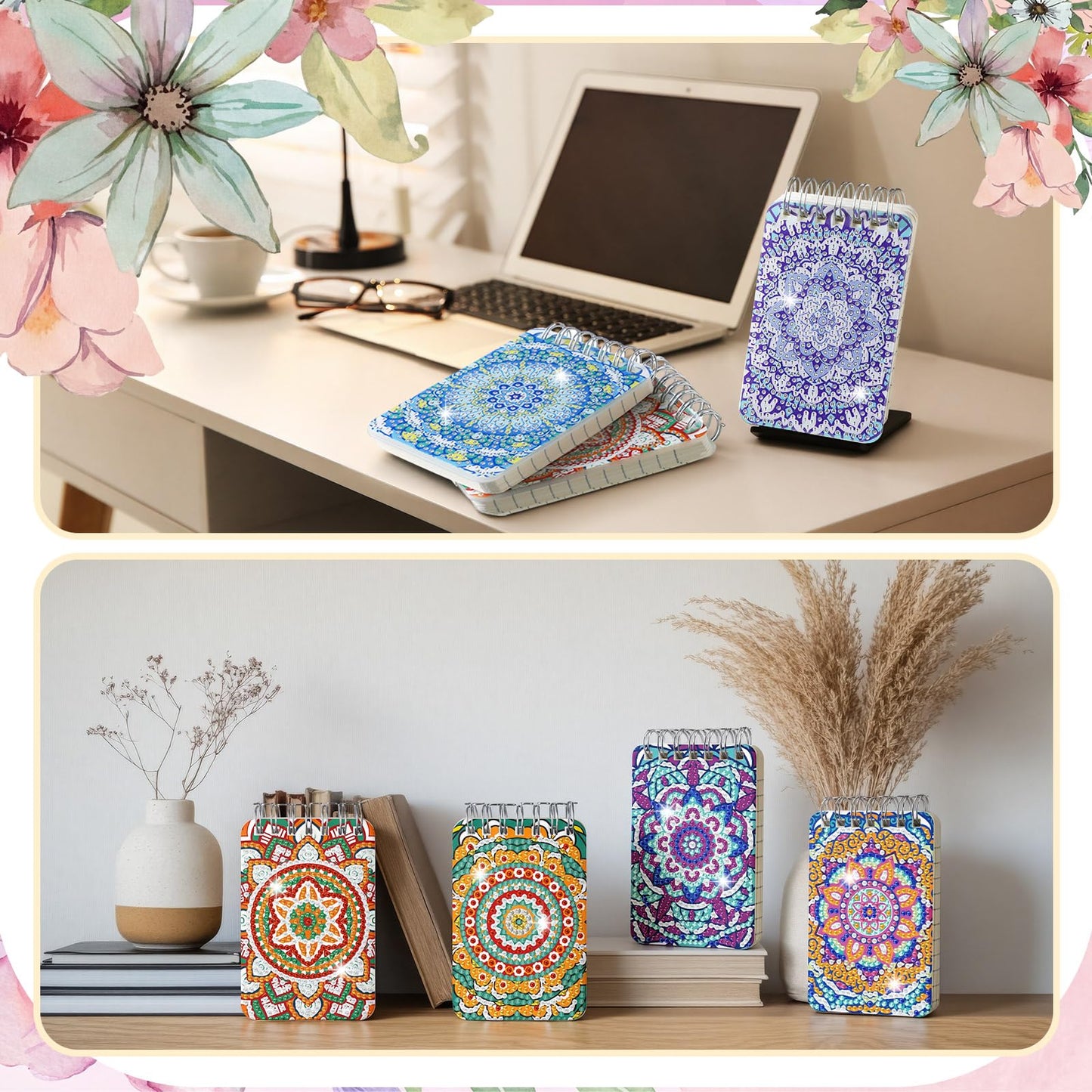 Frienda 12 Pcs Mandala Diamond Painting Notebook Kits for Adults DIY Mandala Diamond Art Journal Notebooks 5d Flower Gem Dots Cover Notepad Gift Set Journal Art Crafts Accessories with Tools