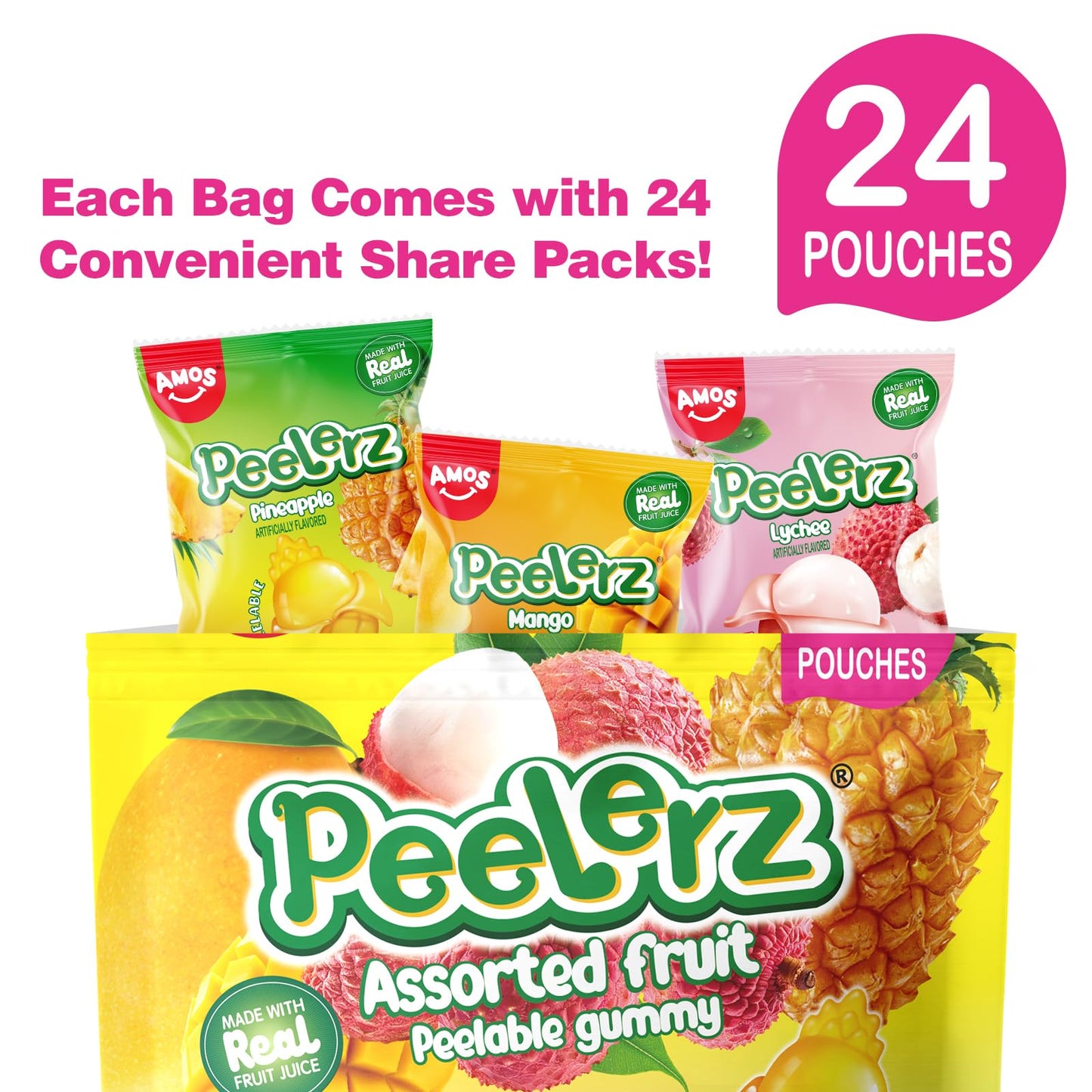 Amos Peelerz Assorted Peelable Gummy – Tropical Peeling Candy Variety Pack | Mango, Lychee & Pineapple | 24 Individual Packs (608g) | Fun, Chewy & Shareable Treat