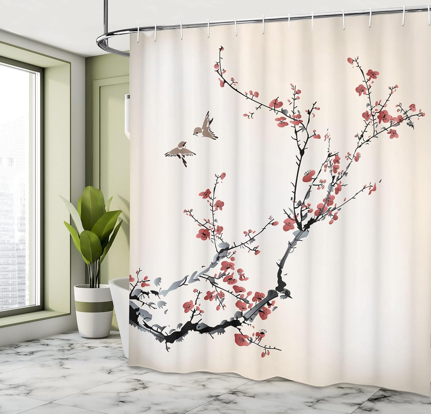 Ambesonne Nature Shower Curtain 69" W x 70" L, Burgundy Black Flowers Buds Birds Art Painting Effect, Cloth Fabric Bath