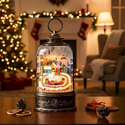 Skiennix Christmas Snow Globe Lantern - Glittering Snowman & Train with Music | USB & Battery Operated