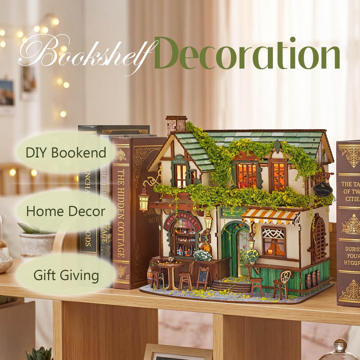 Lynnuo No Glue Needed DIY Miniature House Kit for Adults & Beginners,Whispering Woods Cottage 3D Wooden Puzzle Bookend, Satisfying Snap-Fit Assembly (185 Pcs,2.5 Hour Build)