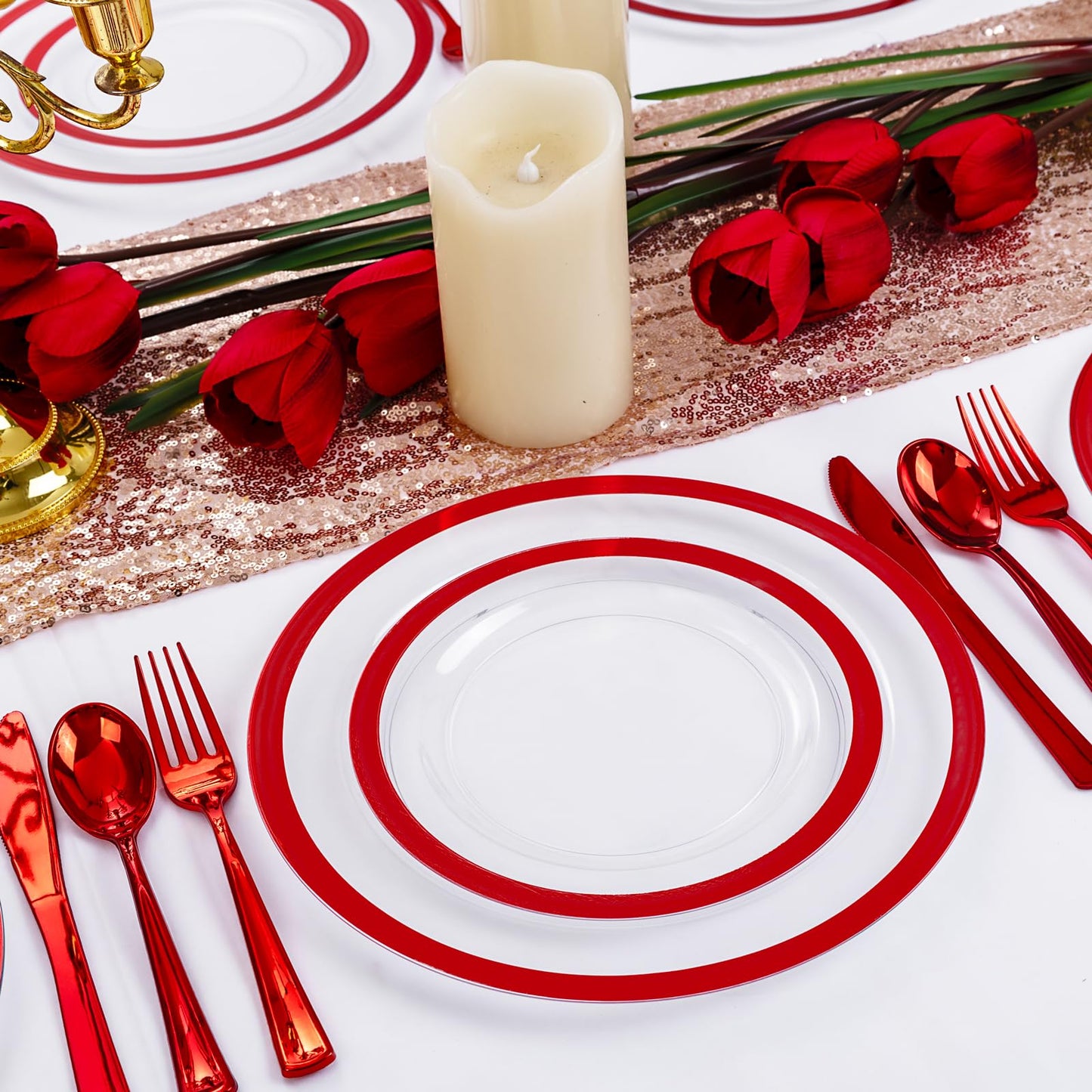U-QE 120PCS Red Plastic Plates for Party - Red Plates Disposable Heavy Duty - Fancy Disposable Plates Include 60 10" Dinner and 60 7" Dessert Platos for Party, Mother's Day & Special Moments