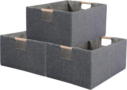 Fabric Storage Bin 3-Pack | Foldable Cotton Linen Baskets with Wooden Handles - Small Gray