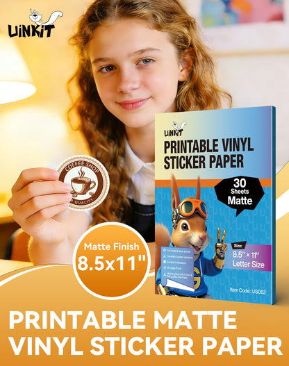 Uinkit Classic Matte Sticker Paper 30 Sheets - Printable Vinyl Sticker Paper for Inkjet & Laser Printers, Waterproof Tear-Resistant Decals for Crafts, Labels & Small Projects (8.5"x11")