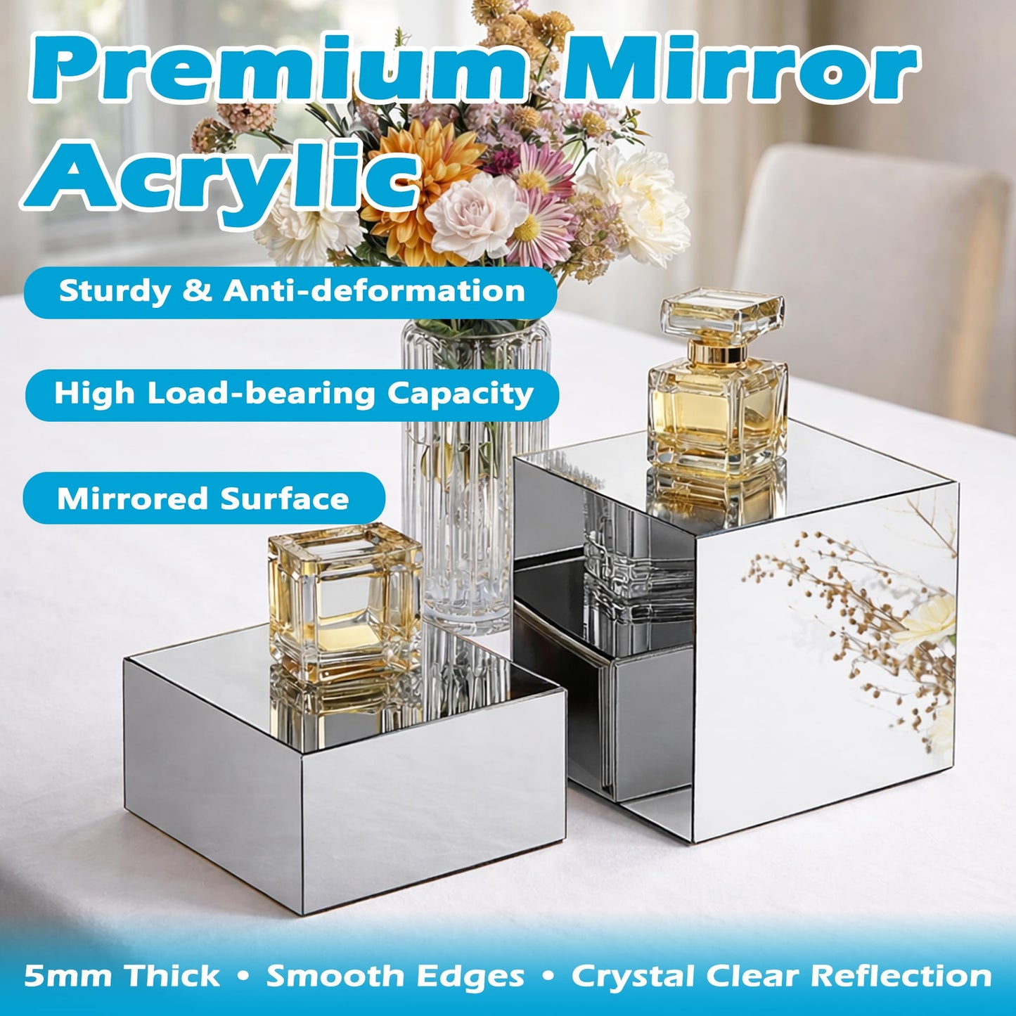 koretech 4Pcs Acrylic Risers Display Stands, Food Risers for Buffet Table, Acrylic Cube Mirror Risers for Catering Dessert, Jewelry Collectibles Party, Silver