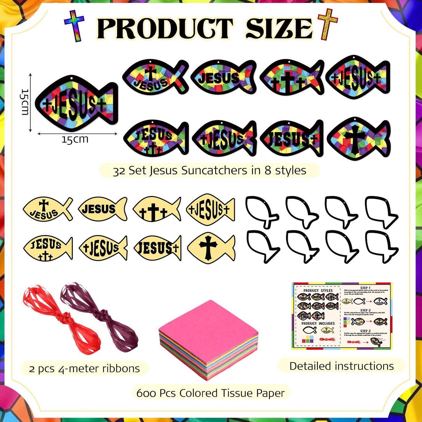 Funrous 32 Set Faith Fish Suncatcher Crafts Kit DIY Easter Christain Cross Crafts with Tissue Paper Religious Sun Catcher Ornaments Church Sunday School VBS Classroom Activities Window Decor Supplies
