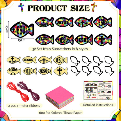 Funrous 32 Set Faith Fish Suncatcher Crafts Kit DIY Easter Christain Cross Crafts with Tissue Paper Religious Sun Catcher Ornaments Church Sunday School VBS Classroom Activities Window Decor Supplies