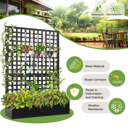 FENCY Metal Raised Garden Bed with Trellis, Metal Planter Box with Trellis, Garden Box for Climbing Plants Vegetable, 47''Lx16''Wx71''H Garden Bed with Drainage Holes(Black)