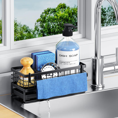 DYFVREN Kitchen Sink Sponge Holder, Rustproof Non-Slip Self-Draining Metal Sink Caddy with Detachable Dish Cloth Holder (Black)