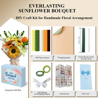 Pipe Cleaner Flower Kit - 400PCS DIY Yellow Sunflower Bouquet Crafts - 8mm Fluffier Chenille Stems with Video - Sunshine Gift for Bestie, Friends - Encouragement Graduation Gifts for Teens 12-16
