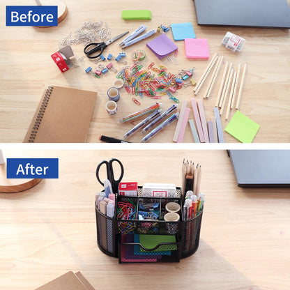 EOOUT Desk Organizer, Pencil Holder for Desk, Mesh Office Desk Accessories with 8 Compartments and 1 Drawer Stationery Holder School Supplies