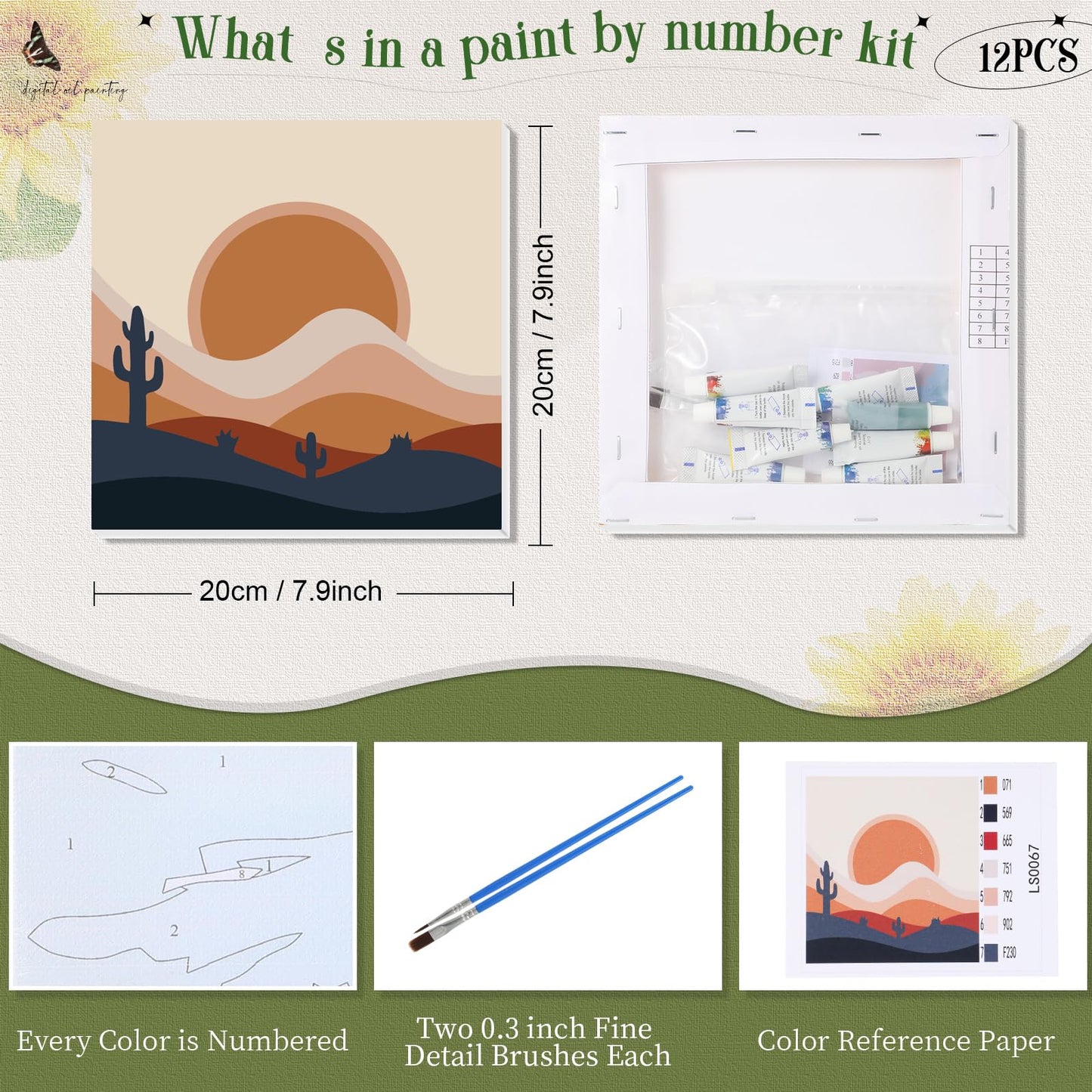 Nezyo 12 Sets Paint by Numbers Kit with Frame for Adult Beginners, Paint by Number DIY Acrylic Painting Canvas for Painting Party, Classroom Activity Birthday Gift, 8 x 8 Inch