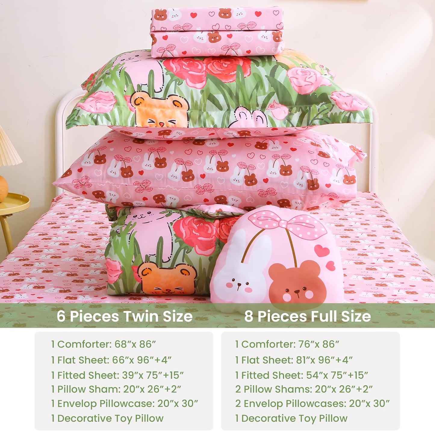 Sets 6 Set Set Mooreeke Twin Size Comforter for Girls Kids, Pieces Bed in a Bag Garden Cute Rabbit Floral Bedding