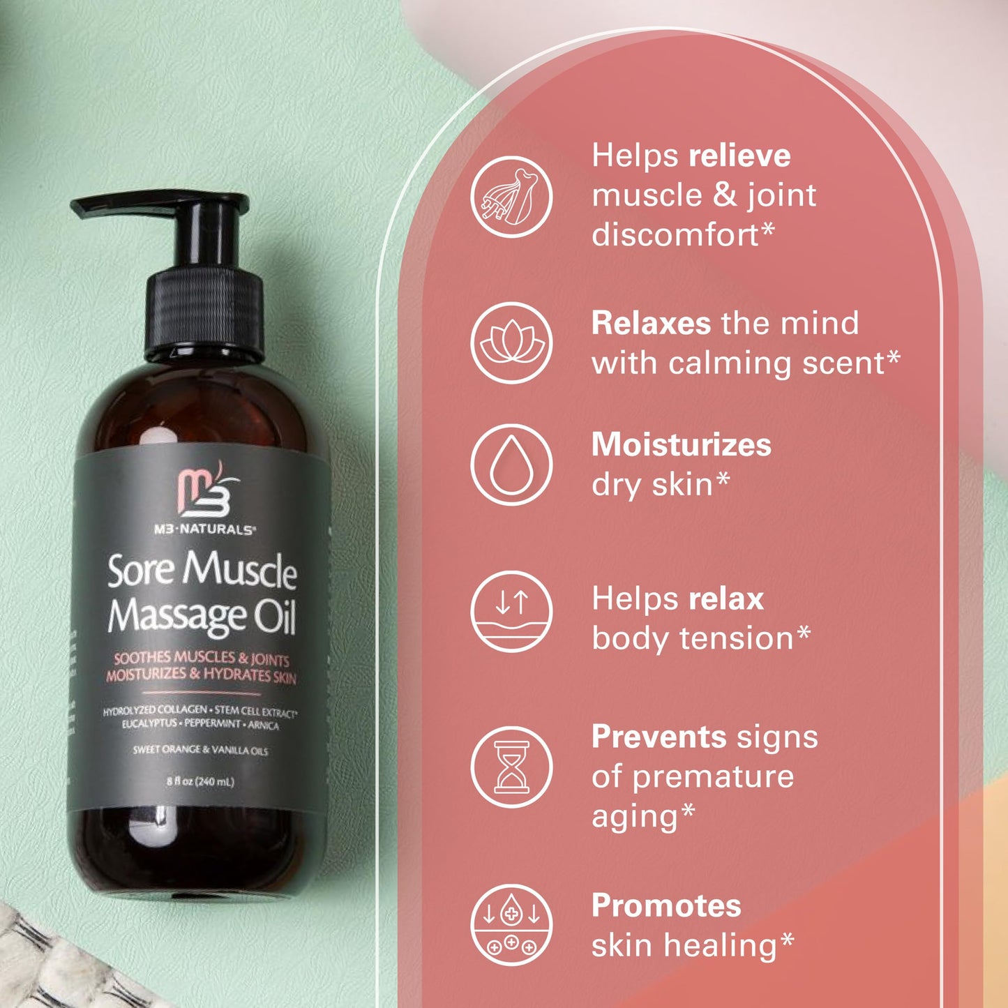 M3 Naturals Firming Body Massage Oil with Collagen & Stem Cell – Helps Smooth The Appearance of Cellulite & Improve Skin Texture – Refreshing Aromatherapy Body Oil for Legs & Full Body – 16 Fl Oz