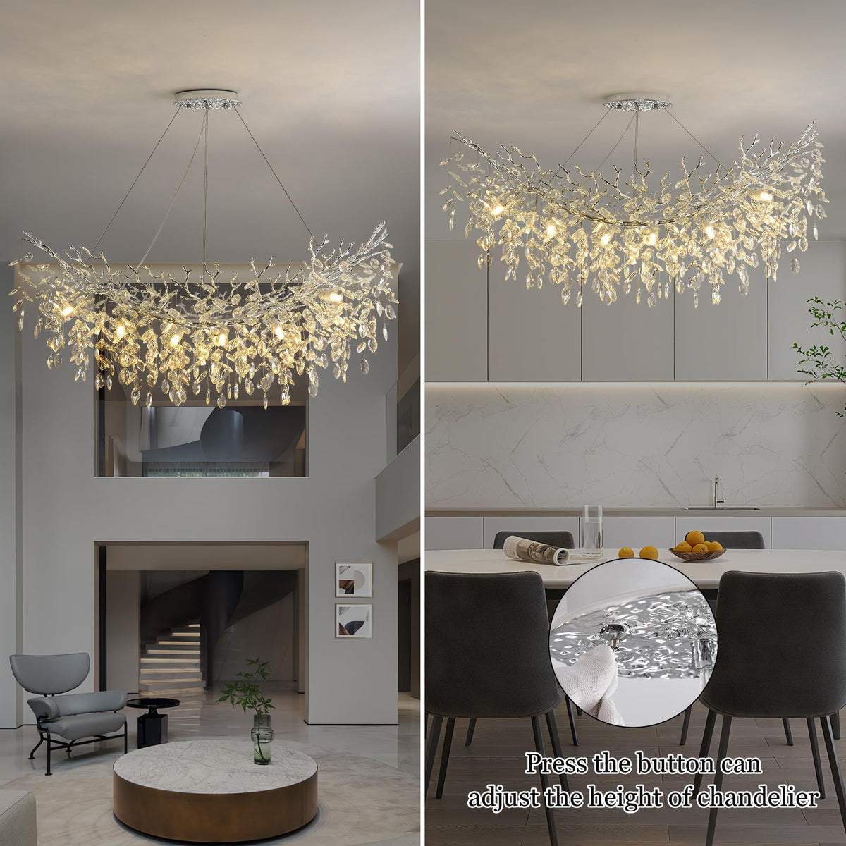 Upfelw Rectangle Crystal Tree Branch Chandelier, L47.3'' Mpdern Luxury Chrome Linear Art Deco Raindrop Pendant Lighting Fixture for Kitchen Island Foyer Living Room Dining Room 14 Lights