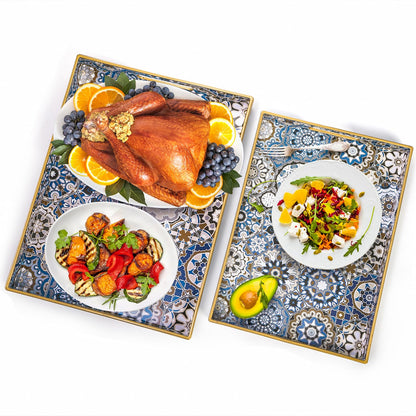 Hiceeden Set of 2 Decorative Serving Trays with Handles, Boho Tea Trays Ottoman Trays for Serving, Modern Plastic Coffee Table Tray for Living Room, Kitchen, Bathroom, Rectangle, Blue
