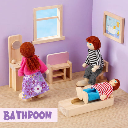 Sumind 35 Pcs Wooden Dollhouse Furniture Set with 8 Family Figures, 1:12 Scale Miniature Dolls House Accessories for Kitchen, Bedroom & Bathroom, Montessori Educational Toy Gift for Girls and Boys