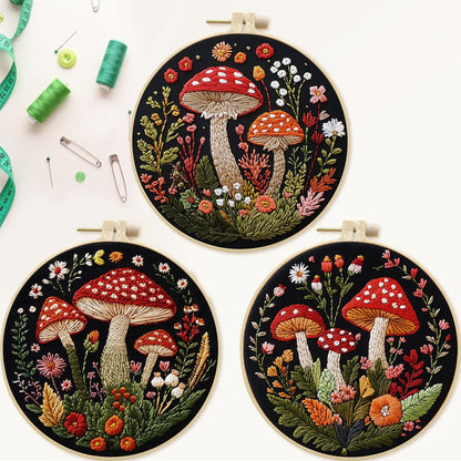 SCECALA 4 Pack Mushroom Embroidery Kit - Botanical Flower Floral Hand Embroidery Kit for Beginners with Pattern, Complete Cross Stitch Supplies DIY Craft for Adults Sewing Hobby, 1pc Hoops