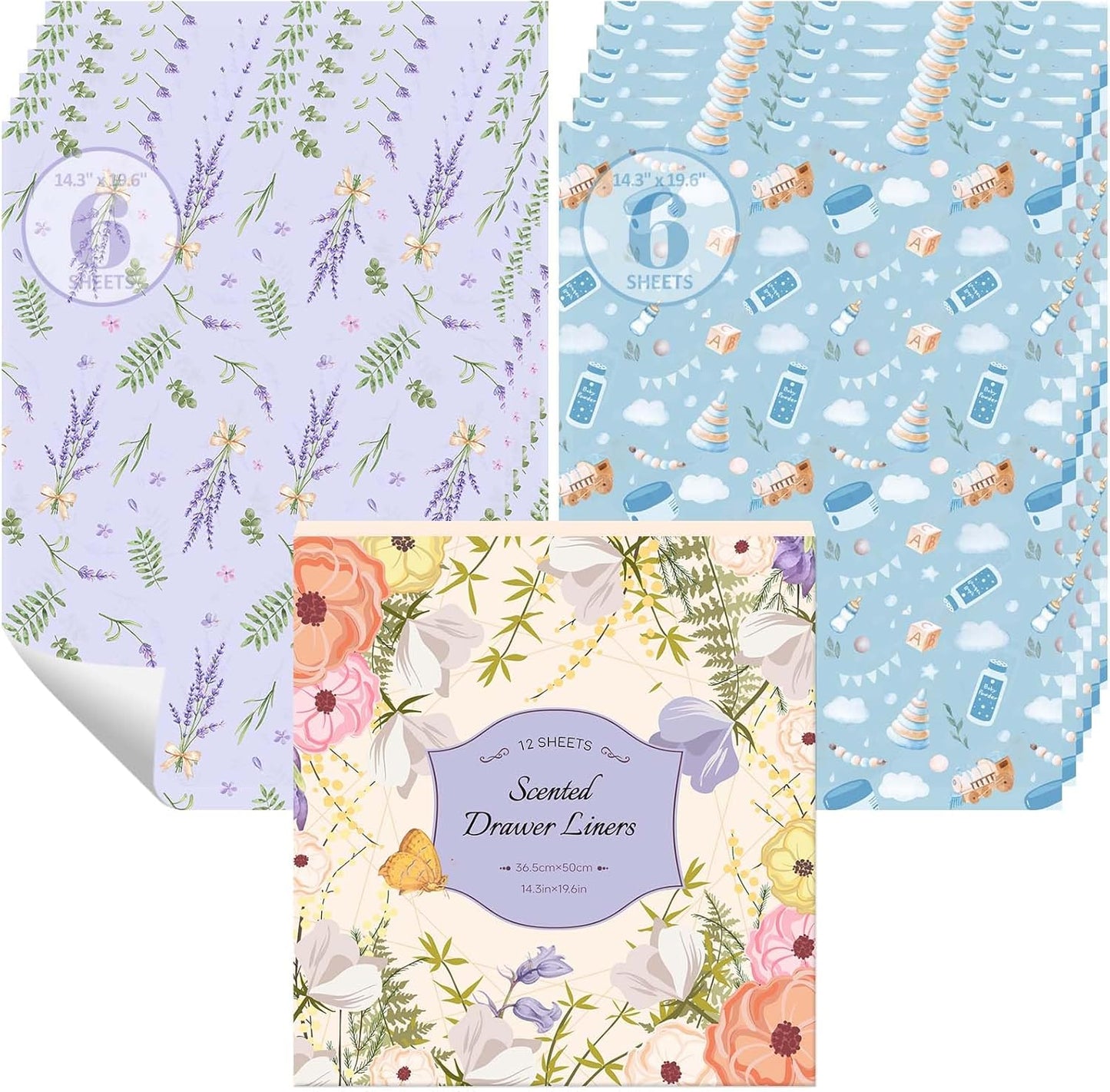 12 Closet, STRN Drawer Liners for Dresser, Lavender & Baby Powder Scented Fragrant Drawer Liner Sheets, Non-Adhesive