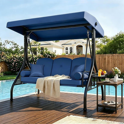 3-Seat Outdoor Porch Swing with Adjustable Canopy, Convertible 2-in-1 Patio Swing & Bed with Thick Cushions, Pillows & Cup Holders for Porch, Backyard & Garden (Blue)