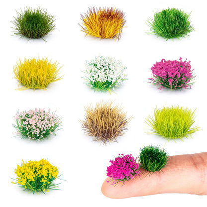 HFKPJRT 140 Pcs Static Grass Tufts & Miniature Flowers Cluster for Crafts, Diorama Supplies & Terrain Model Kit, Artificial Model Grass for Fairy Garden Accessories, Train Railroad Scenery