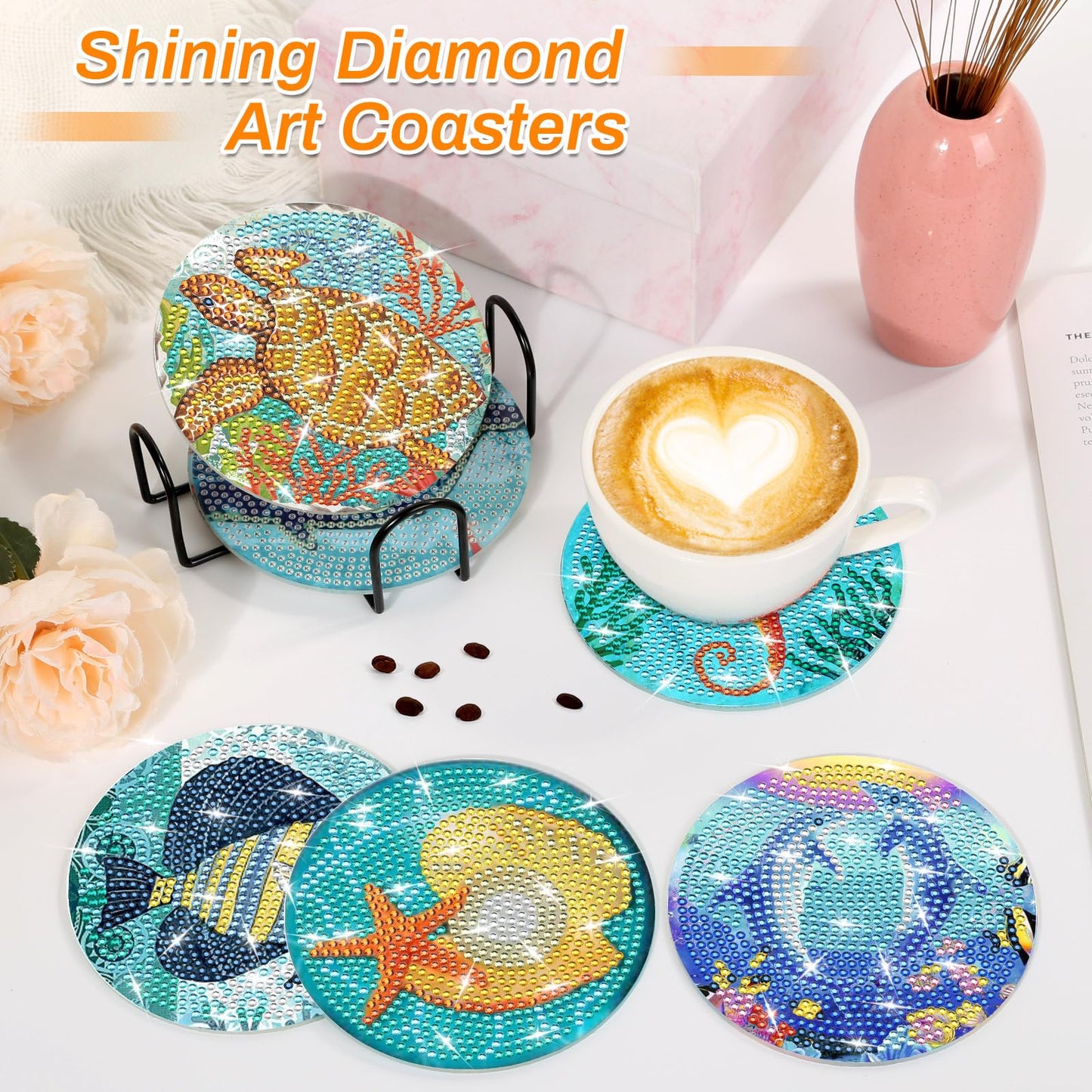 Billbotk 8 Pieces Diamond Painting Coasters Kit with Holder, Diamond Art Coasters, DIY Diamond Art Crafts Projects, Diamond Dot Kits for Adults and Beginners(Ocean Style)