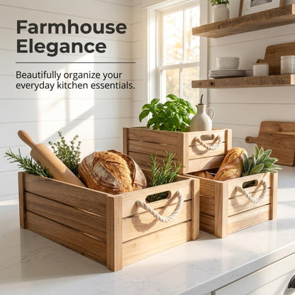 Set of 3 Rustic Nested Wooden Crates with Rope Handles - Decorative Farmhouse Storage Boxes for Kitchen, Living Room & Bathroom - Modern Wood Grain Home Organization