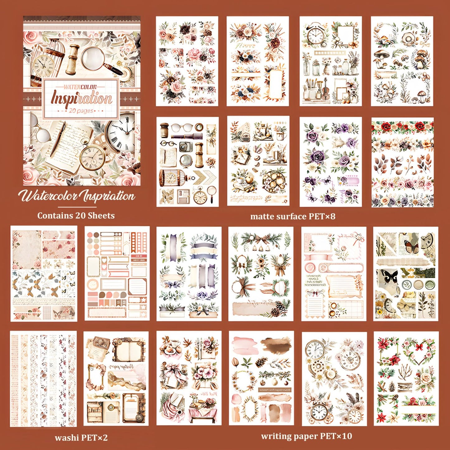 Snycler Plain Inspiration Theme Sticker Scrapbooking Supplies for Junk Journal, 20 Sheets PET Stickers - Vintage Journaling Stickers, Ephemera Sticker Book Pre Cut, Planner, Junk Journal Supplies