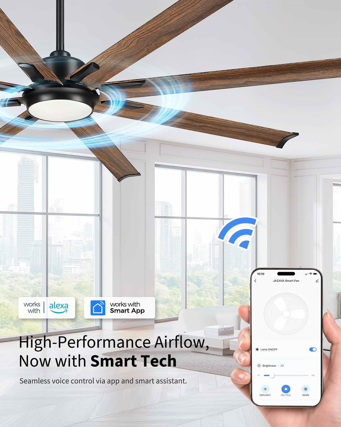 JAZAVA 72 Inch Ceiling Fan with Light, Industrial Design with 8 Aluminum Blades, Smart Control Compatible with Alexa, Indoor Outdoor Garage Fan for Living Room Patio, Model ZCCF04WD-72