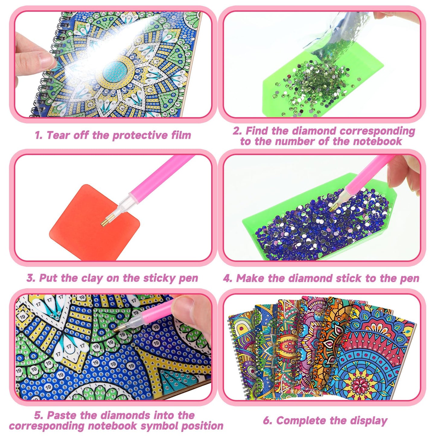Fullhawl 6 Pack 5D DIY Diamond Art Notebook Kits for Adults Beginner A5 Leather Diamond Painting Gift for Women Art Cover Notepad Sketchbook Journal Crafts Accessories with Tool(Mandala)