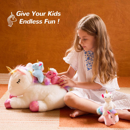 Vposyako 5 Pieces Unicorn Toys Stuffed Animals for Girls, 1 Mommy Unicorn with 4 Babies, Soft Plush Toys Gifts for Girls 3 4 5 6 7 8 9 Years, Kids, Children, Christmas, Birthday, Valentine's