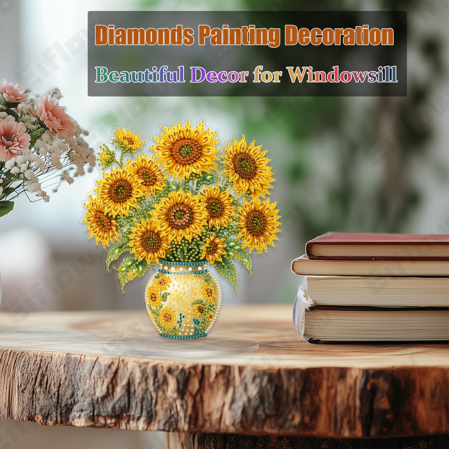 Eiflow Desktop Diamond Art Kit for Adults Vase Sunflower, DIY Tabletop Diamond Art Painting with Stand, Acrylic Stand Up Gem Painting Board Kit